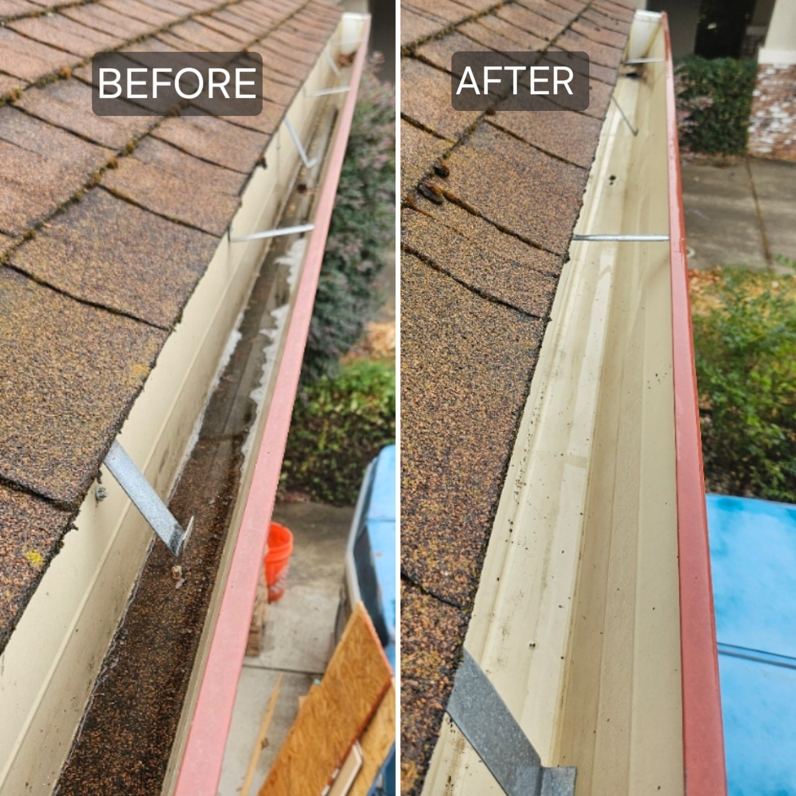 Before and after photo of gutters after being cleaning in Loomis, CA.