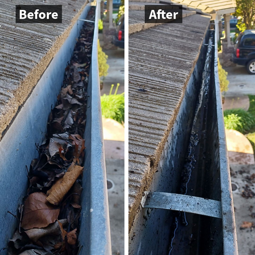 Before and after gutter cleaning