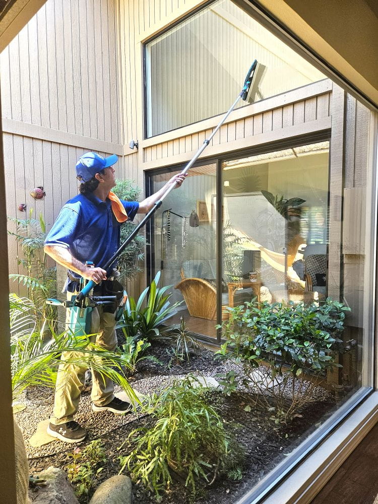Man window cleaning with extension pole in atrium in Gold River.